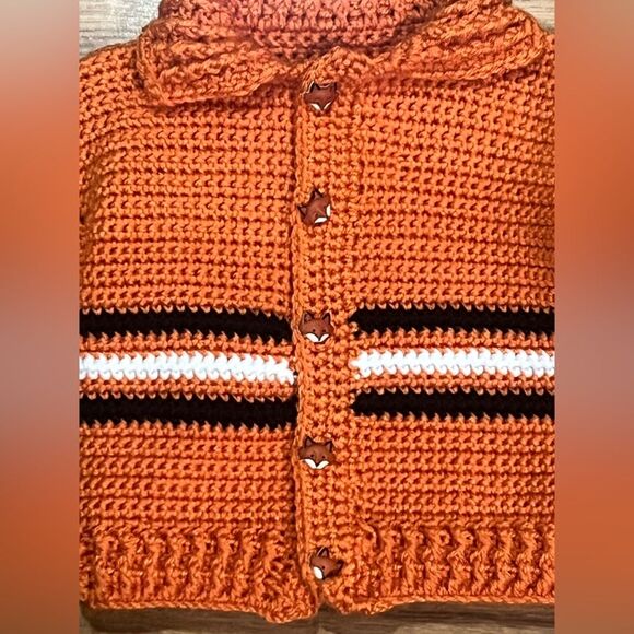 Handmade- crocheted orange sweater with black and white stripes and Fox Buttons - Picture 8 of 9